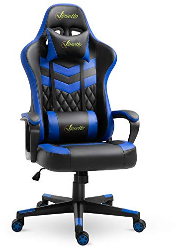 Vinsetto Silla Gaming Basculante con Altura Ajustable Giratoria Azul | Silla Gamer, Reposacabezas y Lumbar Desmontable, Oficina Estudio