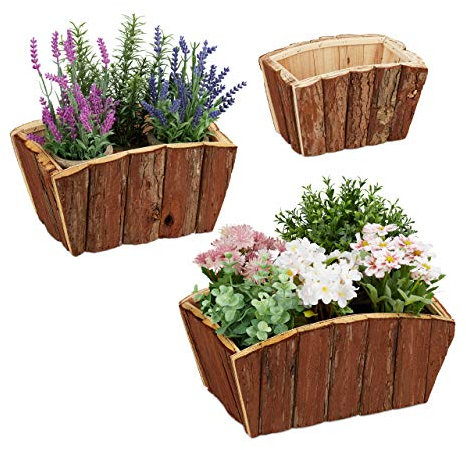 Relaxdays Vasi in Corteccia, Set da 3 Portafiori in Legno, per giardino, Terrazza & Davanzale, Decorazione, Naturale