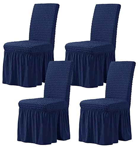 CLGTY Stretch Stuhlbezug 4er Set, Stretch Seersucker Stuhlhussen Mit Rock, Stuhlhussen Für Home Party Hotel Hochzeitszeremonie-Navy-Set of 4