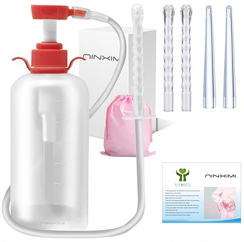 600ml Vaginal Cleaner- Enema Douche Vaginal Cleaning Kit, 5 Nozzltips-Reusable Manual Pressure Enema, Liquid Will Not Flow Back
