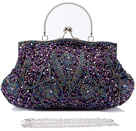 Clutch-Tasche im Vintage-Stil, florales Design, mit Perlen, glitzernd, für Abschlussball, Hochzeit, Abendtasche, Brauttasche für Frauen, Party-Handtasche, Lila-A