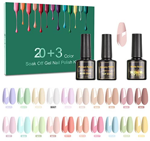 SINZONeu Vernis Semi Permanent, 23 Manucure Nail Art Lot Vernis à Ongles Gel UV LED Nail Polish 20 couleurs Populaire Avec Base et Top Coat, Matt Top Coat, 8ml