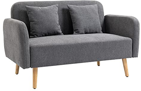 HOMCOM Sofa 2 Sitzer Couch mit 2 Wurfkissen, Kleine Loveseat mit Samtopik Modern Polstersofa für Wohnzimmer, Schlafzimmer, kleinen Raum, Grau 130 x 70 x 80 cm