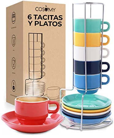 Set di 6 Tazzine da Espresso con Supporto e Piatti Inclusi - Impilabili - Lavabili in Lavastoviglie - Ceramica Colorata - 75 ml