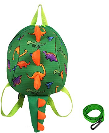 TOPWAYS Kids Dinosaur Backpack Boys Girls Toddler Rucksack, Cartoon Safety Anti-Lost Strap Rucksack with Reins, for 1-5 Years Old Toddler (Green)