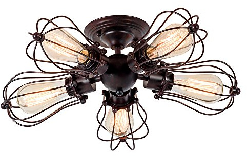 Luling Vintage Deckenleuchte Industrielüster Verstellbare Steckdose Metalldrahtkäfig Halbschlussmontage Rustikale Decke Leichtmetalllampe Lampen (ohne Glühbirne) (mit 5 Licht) (Rost)