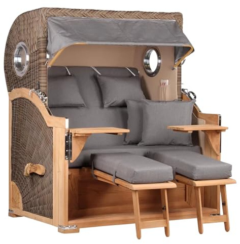 MR. DEKO Strandkorb Baltikum Teakholz XL Volllieger Strandstuhl PE Geflecht Grey Teak Bullauge anthrazit inkl. 4 Kissen - Wechselpolster - Strandkörbe Garten, Wintergarten, Terrasse (Dessin 551)