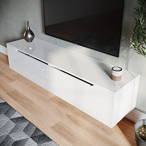 SONNI TV-Regal mit LED (16 Farben), Hängend/Stehend, Weiß, 140x35x30cm | Fernsehtisch Hochglanz für Fernseher bis zu 55 Zoll, Lowboard mit 2 Klapptürfach, TV-Regal für Wohnzimmer, Schlafzimmer