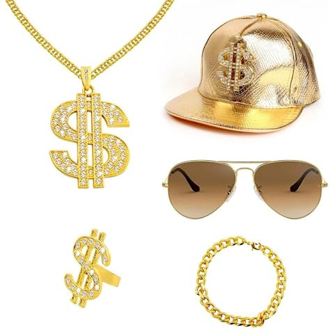 GIGIIS Zuhälter Kostüm 90er Jahre Outfit Herren Hip Hop Kostüm 80ziger 70er Jahre Accessoires Karneval Gangster Kostüm Hip Hop Cap Goldene Dollar Kette Ring Sonnenbrille 5-teiliges Set | 80ziger 70er Jahre Accessoires Karneval Gangster Kostüm Hip Hop Cap Goldene Dollar Kette Ring Sonnenbrille