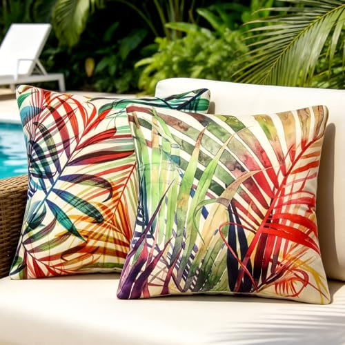 All'aperto Federe Per Cuscini 50x50 CM Impermeabile Federe Cuscini Divano Fodera Per Cuscino Divano Colorata Vegetazione Tropicale Lino Copricuscini Per Divano Per Soggiorno Giardino Terrazza 2 Pezzi