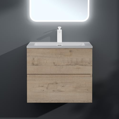 Mai & Mai Badmöbel-Set Waschtisch mit Unterschrank inkl. Soft-Close | Waschbeckenunterschrank 60x48x50cm Eiche Greige, mit Waschbecken aus Mineralguss, 2 Schubladen Aqualis