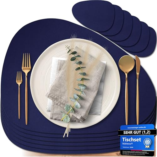 Mahewa® 6er Set Premium Tischset aus Kunstleder - Platzset abwaschbar und wasserdicht - Platzdeckchen Telleruntersetzer in Lederoptik (Dunkelblau, Oval)