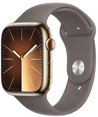 Apple Watch Series 9 (45 mm GPS + Cellular) Smartwatch avec boîtier en acier inoxydable or et Bracelet Sport argile (S/M). Suivi de l’activité physique, apps Oxygène sanguin et ECG, résistance à l’eau