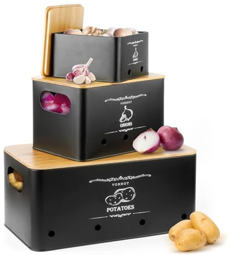 VORHOT Kartoffel Aufbewahrungsbox, 3er Set Zwiebel Kartoffel Knoblauch Aufbewahrung, Kartoffelbox mit Deckel aus Bambus, Schwarz