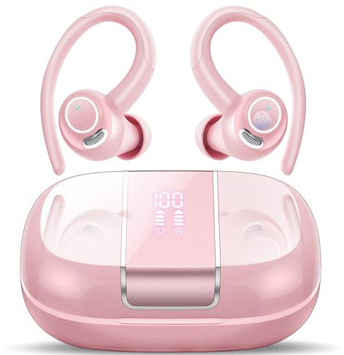 Csasan Wireless Earbuds, Bluetooth 5.3 Headphones with ENC Noise Canceling Mic, 3D Stereo Wireless Earphones, 48H LED Display Ear buds with Earhooks, IPX7 Waterproof for Sport/Running/Gym/Pink