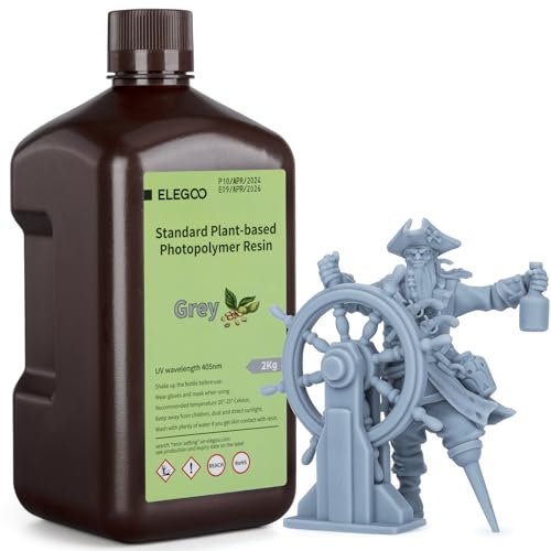 ELEGOO Standard 3D Drucker Resin auf Pflanzlicher Basis mit Extrem Geringem Geruch und Hoher Präzision, 405 nm UV Photopolymerharz, Schnelle Aushärtung Harz für Resin 3D Drucker Grau 2000g