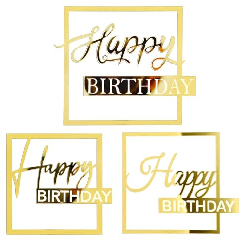 3 PCS Gold Happy Birthday Cake Topper - Mirror Acrylic Cupcake Toppers, Cake Decoration Hollow Frame for Birthday Party Decor Supplies