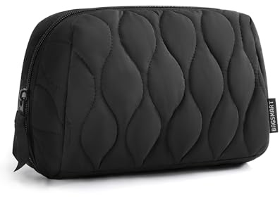 BAGSMART Makeup Bag, Travel Cosmetic Bag, Puffy Padded Make Up Bag for Women, Makeup Organizer Case, Wide-open Pouch Purse, Travel Essentials, Toiletries Accessories Brushes, Black