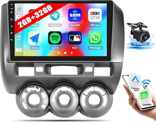 2G+32G Android 13 Car Stereo for Honda Jazz Fit RHD 2002-2008 with Wireless Carplay Android Auto 9 Touch Screen Bluetooth Car Radio with GPS Sat Nav WIFI FM Mirror Link Head Unit with Reverse Camera