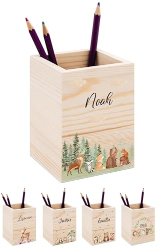 Bärenfreunde® - Personalisierter Stiftehalter Kinder aus Holz - Kreativer und praktischer Schreibtisch-Organizer Kinder mit Namen - Perfektes Einschulung Geschenk und Geburtstag (Waldtiere Wolkenwald)