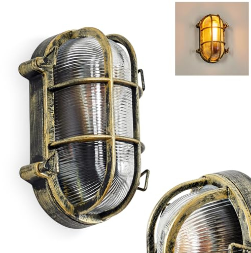 HOFSTEIN Außenwandleuchte Godel, Außenwandlampe aus Metall/Riffelglas in Schwarz-Gold/Klar, Wandleuchte in Gitter-Optik, Industrial/Retro/Vintage-Design, E27, IP44, Eingangsbereich, Terrasse, Haustür