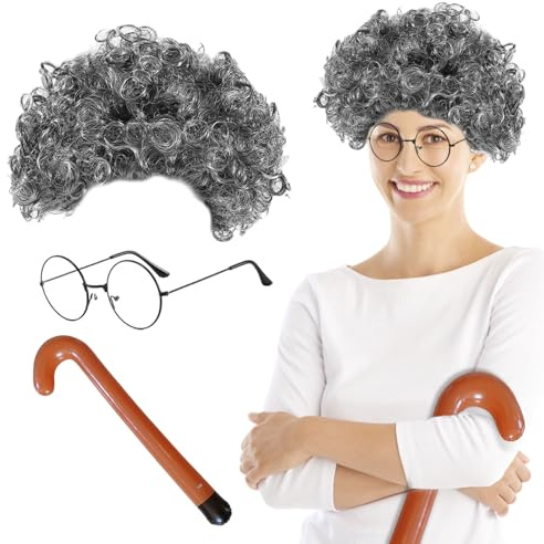 UILYNIU Perücke Grau Locken mit Brille Gehstock, Party-Perücke Oma Perücke Damen Mädchen, Großmutter Verkleidung für Cosplay Kostümzubehör Fasching Karneval Halloween Mottoparty(Grau)