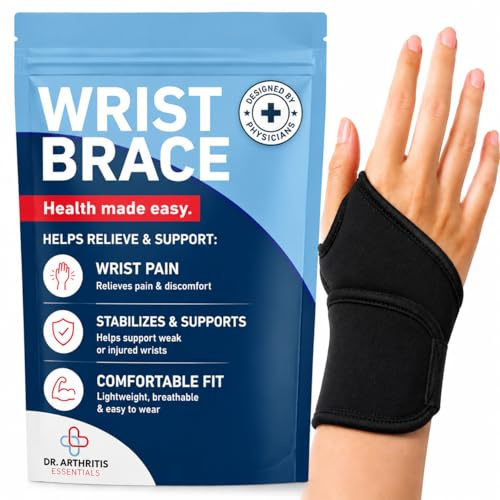Dr. Arthritis Doctor Developed Wrist Brace, Adjustable Carpal Tunnel Wrist Supports For Stability & Comfort, Neoprene & Nylon Wrist Straps For Work, Sports, Weightlifting (Black, Single)