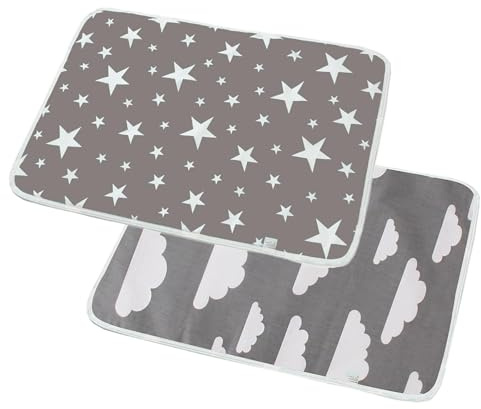 Baby Wickelunterlage 2 Stück, Waschbar Säugling Wickelunterlage für Babys und Kleinkinder, Wasserdicht Atmungsaktiv Wiederverwendbare Wickelauflagen Changing Mat(Sterne + Wolken, 50x70cm)