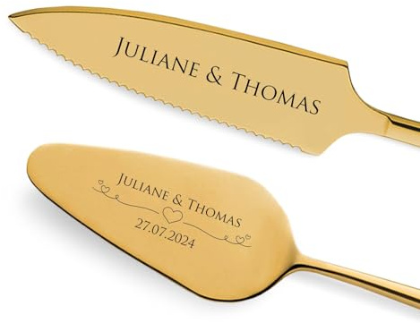 GRAVURZEILE Tortenheber inkl. Tortenmesser mit persönlicher Gravur - Herzen - Geschenk zur Hochzeit - Hochwertiger Edelstahl - Spülmaschinengeeignet - Hochzeitsgeschenke für Brautpaar - Gold