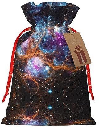 HJLUUFT Jutebeutel mit Weltraum-Motiv, Universum-Motiv, Weihnachtsgeschenktasche mit Kordelzug und Geschenkanhänger, für Hochzeit, Weihnachten, Party
