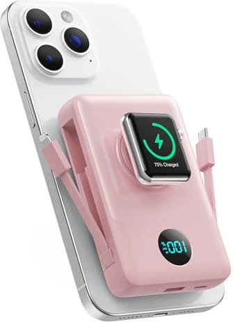 Magnetic Power Bank 10800mAh for iPhone with Built-in Cables, 6-in-1 Wireless Portable Charger with iWatch Charger, 25W PD Fast Charging Battery Pack for iPhone 16/15/14/13/12 (Pink, 10800mAh)
