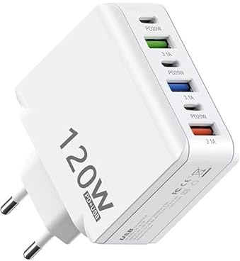 Caricatore Multiporta a muro USB 120W Max, 6 Porte 33W Max, 3A+3C, Ricarica Rapida