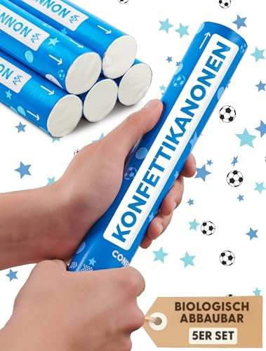 Partyjoker 10 Konfettikanonen für Kinder Geburtstag für Jungen – mit Fußball und Sternen in Blau – Biologisch Abbaubares FSC® Konfetti – Einfach und Sicher