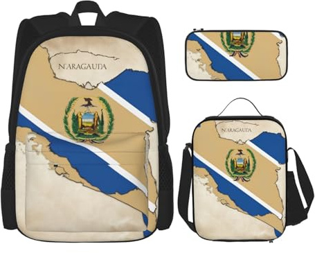 OXKGHHO Juego de mochila de trabajo con estampado de mapa de la bandera de Nicaragua con lonchera aislada, correas ajustables, para gimnasio y uso diario, Negro -, Talla única