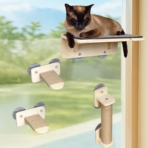 Cat Window Perch Set, 3-in-1 Set with Carpet Bed & Step & Scratcher, Cat Hammock with Suction Cup, Solid Wood Frame, Durable Large Suction Cups, Height Adjustable, Space-Saving (Drilling-Free)