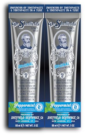 2x Dr. Sheffield’s Dentifricio Certificato Naturale - Senza Fluoro, riduce la placca, rinfresca l'alito, sbianca i denti (2x140gr) (2-Pack, Menta piperita)
