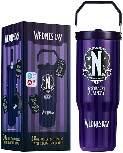 Get Trend Wednesday Gobelet Isotherme avec Paille et Poignée 850ml, Acier Inoxydable Mug Isotherme Cafe 12H Froid et 5H Chaud,Sans BPA Gourde Sport, Bureau ou Travel (Violet Wednesday)