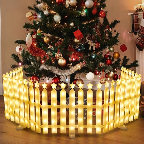 panthem LED Christmas Tree Fence, 5 Pack Total 190CM(L) x 32CM(H), White Plastic - Lighted Christmas Decorative Fence and Borders for Kids, Pets, Flower Bed, Patio, Backyard, Fairy Garden, Wedding