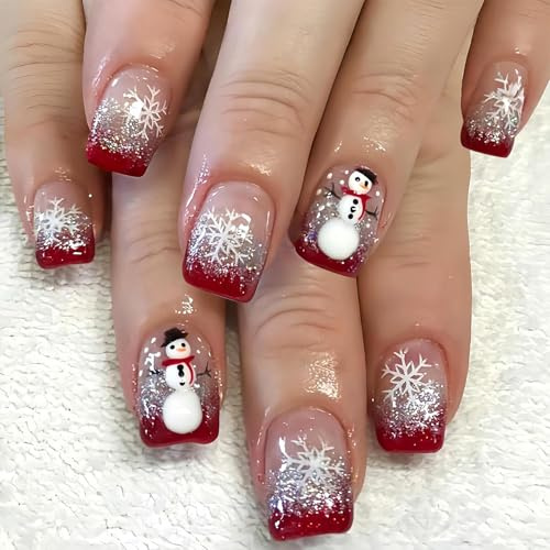 BelleFlair 24 Ongles Pressés Noël, Ongles Courts à Coller avec Design Flocon de Neige, Faux Ongles Carrés, French Tips Rouges pour Femmes Filles