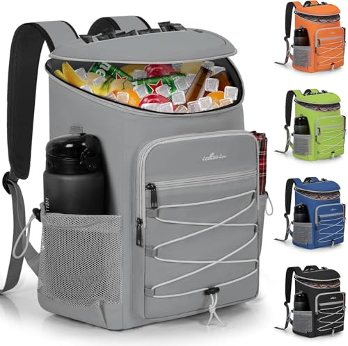 28L Kühlrucksack, auslaufsicherer Picknick-Kühlrucksack für 30 Dosen Getränke (330 ml), cooler Rucksack für Camping, Picknick, Wandern, Grillen, Strand, Grau