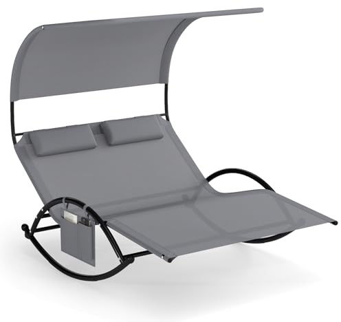 COSTWAY Tumbona Doble Jardin Exterior con Toldo, Tumbona Mecedora con 2 Reposacabezas Desmontables, Chaise Lounge Doble Textilene Jardín Patio, Marco de Metal (Gris,Bolsillo)