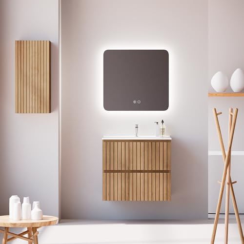Feel Your Bath Conjunto Mueble Baño 60 cm Roble Viga con Encimera Cerámica Blanca Brillo, Espejo Cuadrado LED Antivaho, Lavabo, 2 Cajones Soft Close, Diseño Suspendido, Compacto para Baños Pequeños