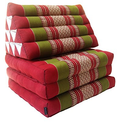 Collumino Traditional Thai Kapok 3 Fold Meditation Mattress with Oriental Style Triangle Recliner Cushion for Yoga Massage or Relaxation (Green, Burgundy)