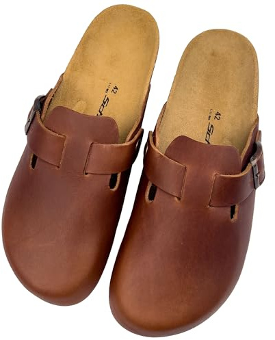 SchatTex Herren Clog aus Leder in der Farbe braun Hausschuh Pantolette Pantoffel
