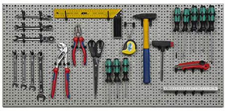 Kreher XXL Werkzeugwand aus Metall mit Stärke ca. 1 mm in Hellgrau. Inklusive Hakensortiment 52tlg. sowie Befestigungs-Set. Maße 98 x 46 x 1 cm.