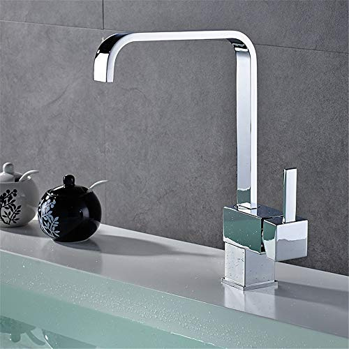 YAWEDA Copper Kitchen Faucet Square Kitchen Sink Faucet Cold and Hot Water Mixer 360 Degrees Rotation Square Single Handle 7-Shaped Chrome Polishing