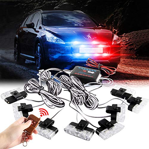 Sidaqi Rouge Bleu 16 LED Grille Stroboscope Feux D'avertissement Dash Deck Visor Police Flash Lights Voiture Camion Ambulance Lumières Stroboscopiques d'urgence avec Télécommande sans Fil 12V