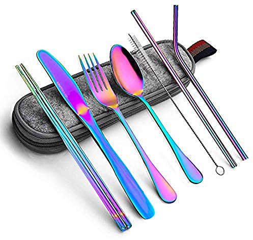 Besteckset Campingbesteck aus Edelstahl, 8-teiliges Silber Besteck Set inkl Messer Gabel Löffel Teelöffel Stroh Bürste, Tragbares Essbesteck Edelstahl Spülmaschinenfest für Outdoor Reisen (Regenbogen)