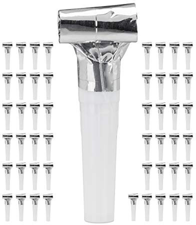 Relaxdays Trombette da Festa, Set da 50 pz, Fischietti per Bambini, Compleanno, Carnevale, Party-Kit, Carta, Argento, Colore, 10027942_55