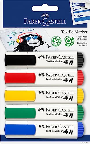 Faber-Castell 159520 - Textilmarker in Standardfarben, geeignet für helle Stoffe, 5er Packung, ideal für Babypartys, Kindergeburtstage, Junggesellenabschiede